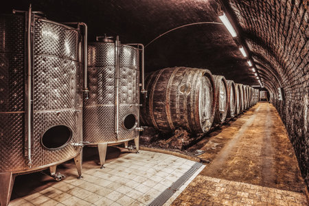 Wine barrels in wine-vaults in orderの写真素材