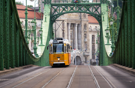 Yellow tram on bridge in Budapestのeditorial素材
