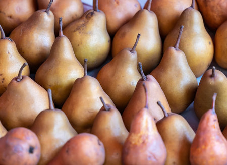 Heap of ripe pears fruit in marketの写真素材