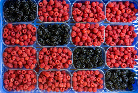 Heap of blackberries, and raspberries in the marketの写真素材