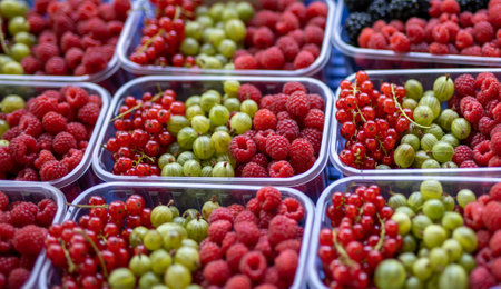 Heap of raspberry, red currant and gooseberry in marketの写真素材