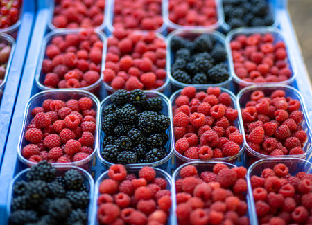 Heap of blackberries, and raspberries in the marketの写真素材