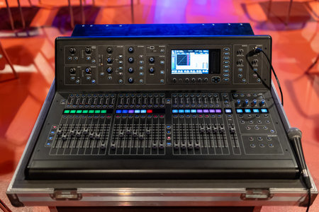 Audio sound mixer amplifier equipment, sound acoustic musical mixing engineering concept background. Sound mixer buttons control in recording roomの写真素材
