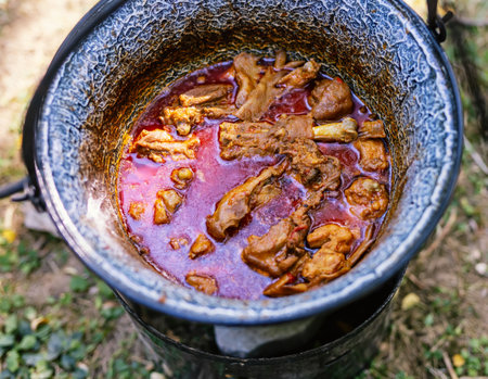 Stew pot outdoor goulash in it