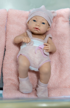 Cute baby doll lay on pink blanketの写真素材