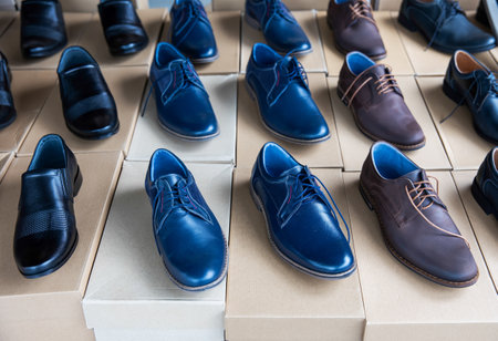 Assortment of men's shoes in shopの写真素材