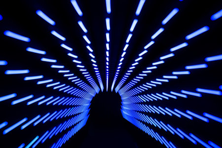 Blue neon lights in tunnelの写真素材