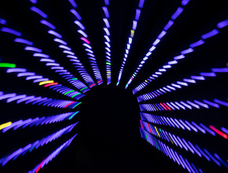 Blue neon lights in tunnelの写真素材