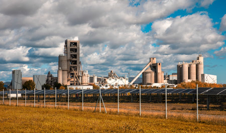 Cement factory with solar panels in foregroundの写真素材