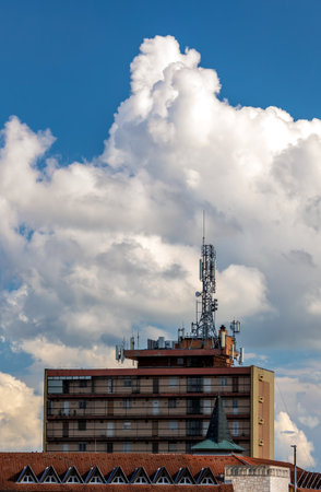 Microwave transmitter antennas on rooftopの写真素材