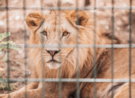 Portrait of male lion behind cage in zooの写真素材