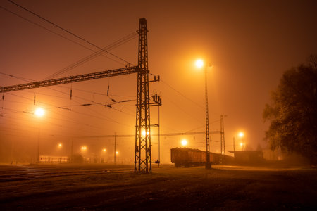 Obsolete railway station at foggy nightの写真素材