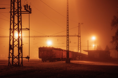 Obsolete railway station at foggy night