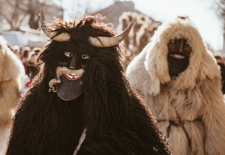 MOHACS, HUNGARY - MARCH 4: Unidentified people in mask participants at the Mohacsi Busojaras, it is a carnival for spring greetings) March 4, 2025 in Mohacs, Hungaryの写真素材