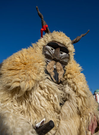 MOHACS, HUNGARY - MARCH 4: Unidentified people in mask participants at the Mohacsi Busojaras, it is a carnival for spring greetings) March 4, 2025 in Mohacs, Hungaryの写真素材