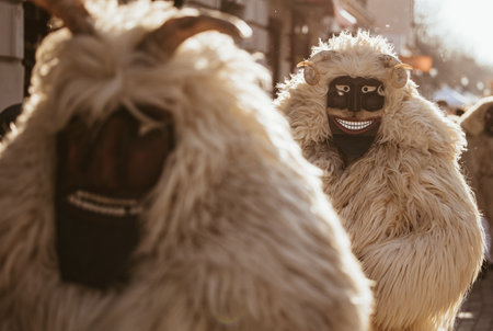MOHACS, HUNGARY - MARCH 4: Unidentified people in mask participants at the Mohacsi Busojaras, it is a carnival for spring greetings) March 4, 2025 in Mohacs, Hungaryの写真素材