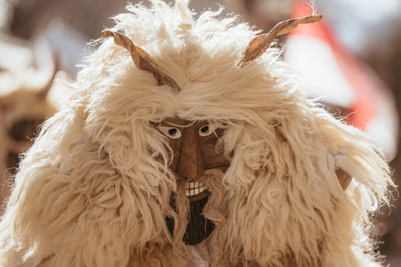 MOHACS, HUNGARY - MARCH 4: Unidentified people in mask participants at the Mohacsi Busojaras, it is a carnival for spring greetings) March 4, 2025 in Mohacs, Hungaryの写真素材