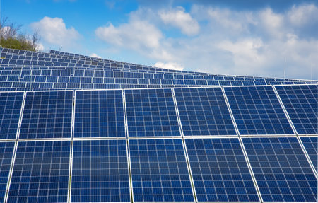 Photovoltaic solar panel with landscapeの写真素材