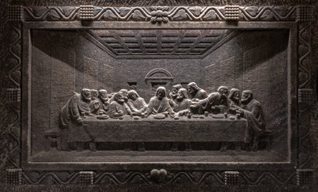 The center of Pope John Paul II. Unique reliefs from salt in the chapel St Kingas - the last Supper - WIELICZKA, POLAND - August 7, 2024.の写真素材