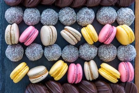 Macarons and coconut balls in order on plateの写真素材