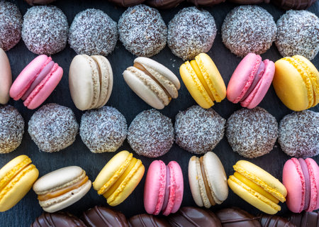 Macarons and coconut balls in order on plateの写真素材