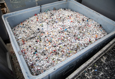 Colorful granulated plastic flakes in box