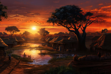 Glowing Horizon: Scenic African Villageの素材