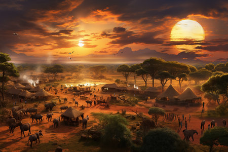 Sunset Silhouettes: Scenic African Villageの素材