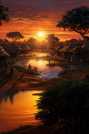 Golden Glow: African Village at Sunsetの素材