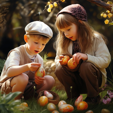 kids looking for egg chocolate on easter eveの素材