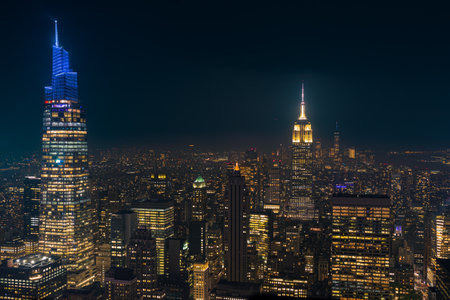New York City Manhattan downtown skyline at night with Empire State Building.の写真素材