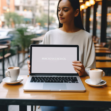 Coffee Shop Productivity: Laptop Mockup in Feminine Handsの素材