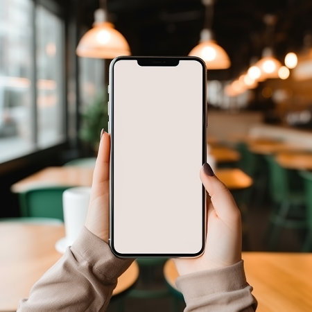 Smartphone Lifestyle: Woman Holding Phone with Copy Space in a Cafeの素材