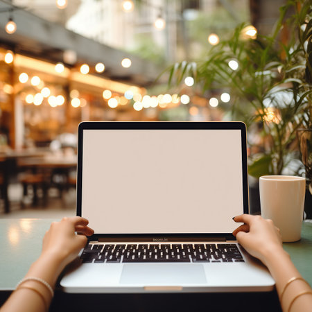 Digital Cafe Vibes: Woman's Hand Mockup with Laptopの素材