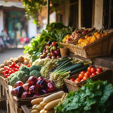 Market Fresh: Vibrant Vegetables Adorning the Farmer's Stallの素材