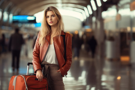 Airport Glamour: Young Lady Posing with Travel Bagsの素材