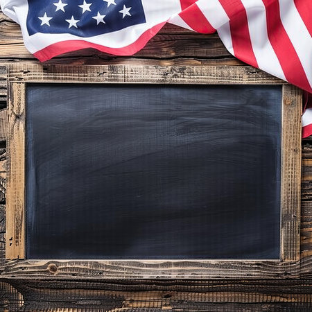 United States flag placed on wooden background. Blackboard in frame with copyspaceの素材
