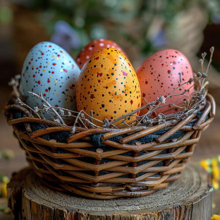 Rustic Elegance Wooden Basket Filled with Easter Joyの素材