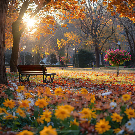 Beautiful autumn park with bench and flowers. Sunset in city parkの素材