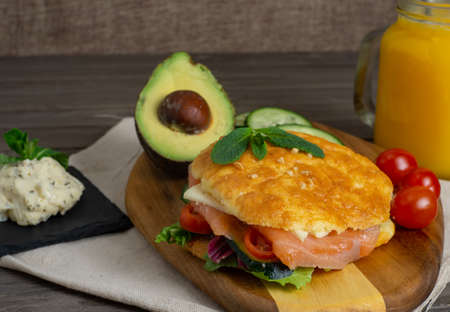 keto pancakes with salmon cheese and vegetablesの写真素材