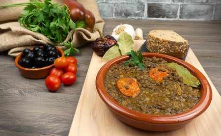 plate of lentils with typical Spanish chorizoの写真素材