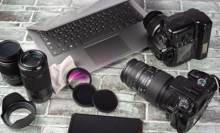 photo camera computer and accessoriesの写真素材