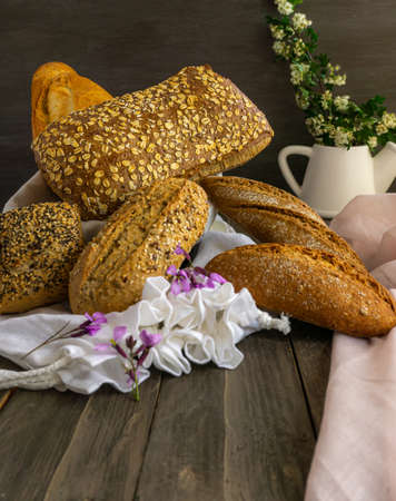 fresh bread made from different types of seeds and flours