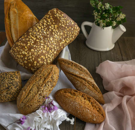 fresh bread made from different types of seeds and floursの写真素材