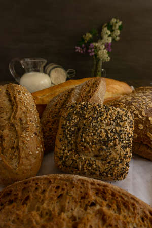 fresh bread made from different types of seeds and floursの写真素材