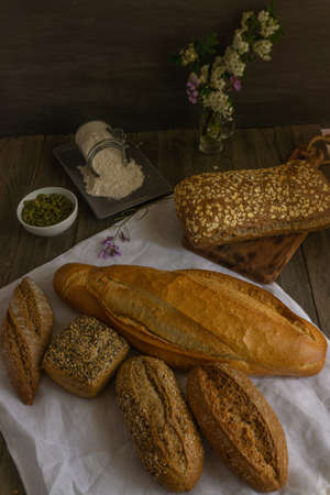 fresh bread made from different types of seeds and floursの写真素材