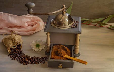 coffee beans and ground coffee with coffee grinder and flowersの写真素材