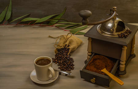 coffee beans and ground coffee with coffee grinder and flowersの写真素材