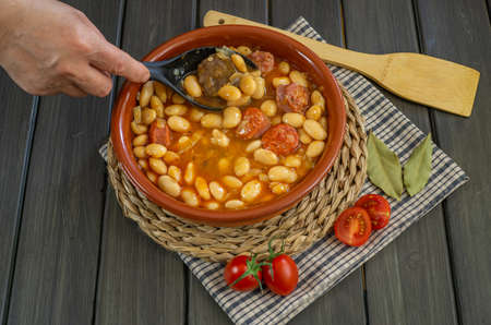 beans with chorizo and blood sausage typical dish from the north of spainの写真素材
