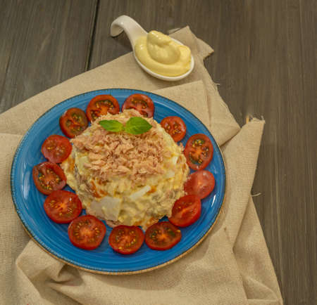 Russian salad typical fresh summer food with hard-boiled egg, pepper and tunaの写真素材